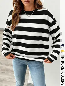 Women's Striped Round Neck Knit T-Shirt, Loose Fit Slimming Top, Casual Comfort for Fall and Winter Fashion