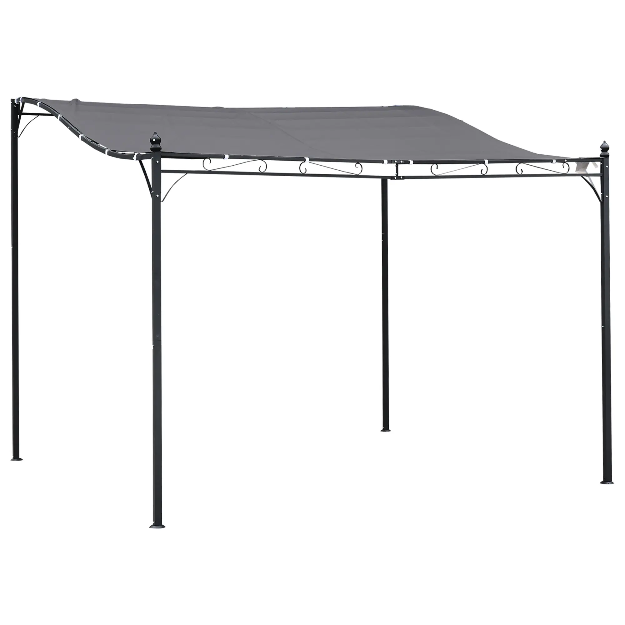 10' x 13' Outdoor Pergola Gazebo – Gray. European Style with Scrollwork. PA-Coated 180gsm UV Fabric. Lean-to Design. Powder-Coated Steel Frame. Stakes Included