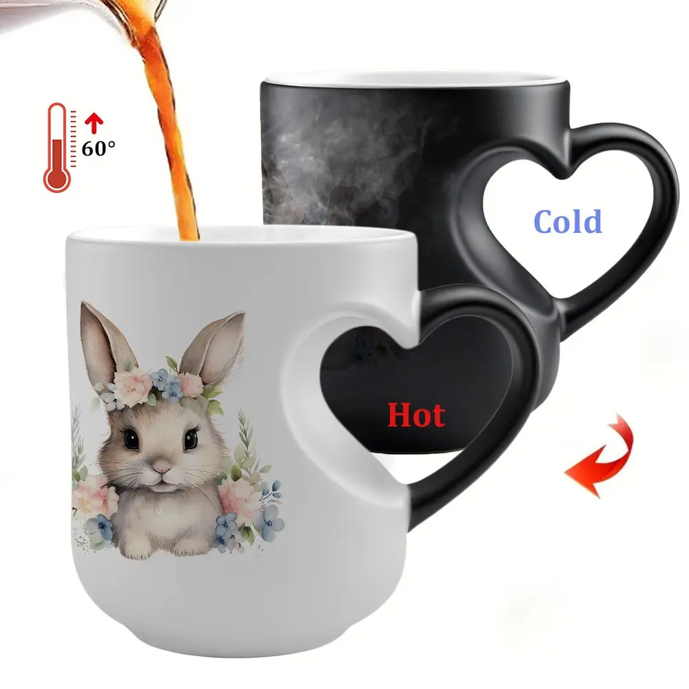 One 11oz Color Changing Mug, Funny Coffee Mug, Beverage Mug, Featuring a Bunny & Floral Print Design, Add Hot Water Color Change. The Pattern Makes It Suitable for Various Occasions, Serving as a Coffee Cup, Perfect Gift For Easter, Valentine's Day