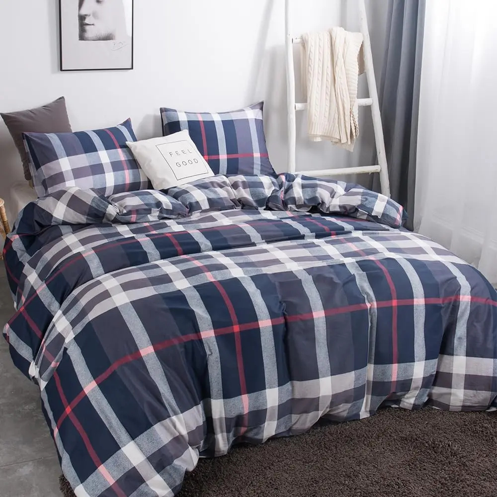 Navy Blue Plaid Twin Comforter 3Pcs Tartan Comforter Sets Geometric Grid Comforters Buffalo Comforter with 2 x Pillow Cases