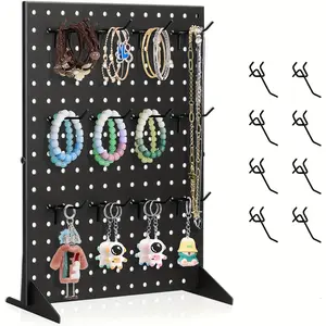 Metal Pegboard Jewelry Organizer Stand, Freestanding Earring Necklace Display Rack with Hooks, Jewelry Storage Holder for Earrings, Necklaces, Bracelets, Scrunchies, Retail Display & Home Use