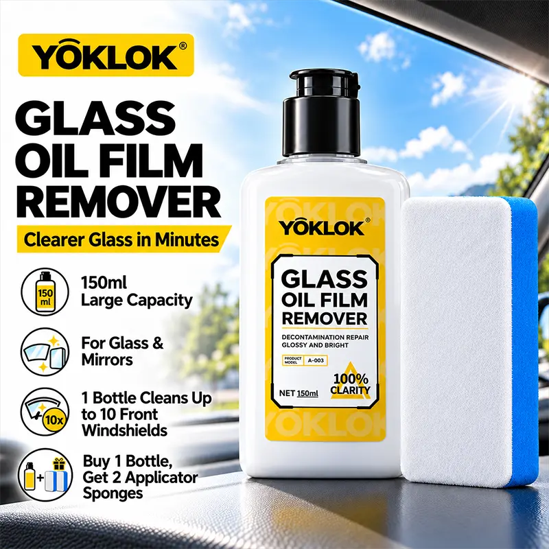 YOKLOK GLASS OIL FILM REMOVER  150ml Car Windshield Cleaner for Oil Film, Water Spots & Stubborn Stains, Fast Clear Vision, Auto Glass Cleaning Kit with 2 Applicator Sponges for Windshield, Side Windows, Mirrors & Household Glass