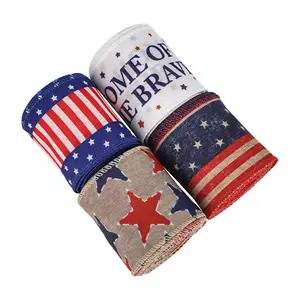 1pc 4th of July Continuous Ribbon Patriotic Wired Ribbons for Crafts Wrapping Wreath Bows Vintage Red and Blue American Flag Ribbon Army Ribbon for Memorial Day Party Home Decoration Suitable For Memorial Day Parties,2.48inx 5Yrds