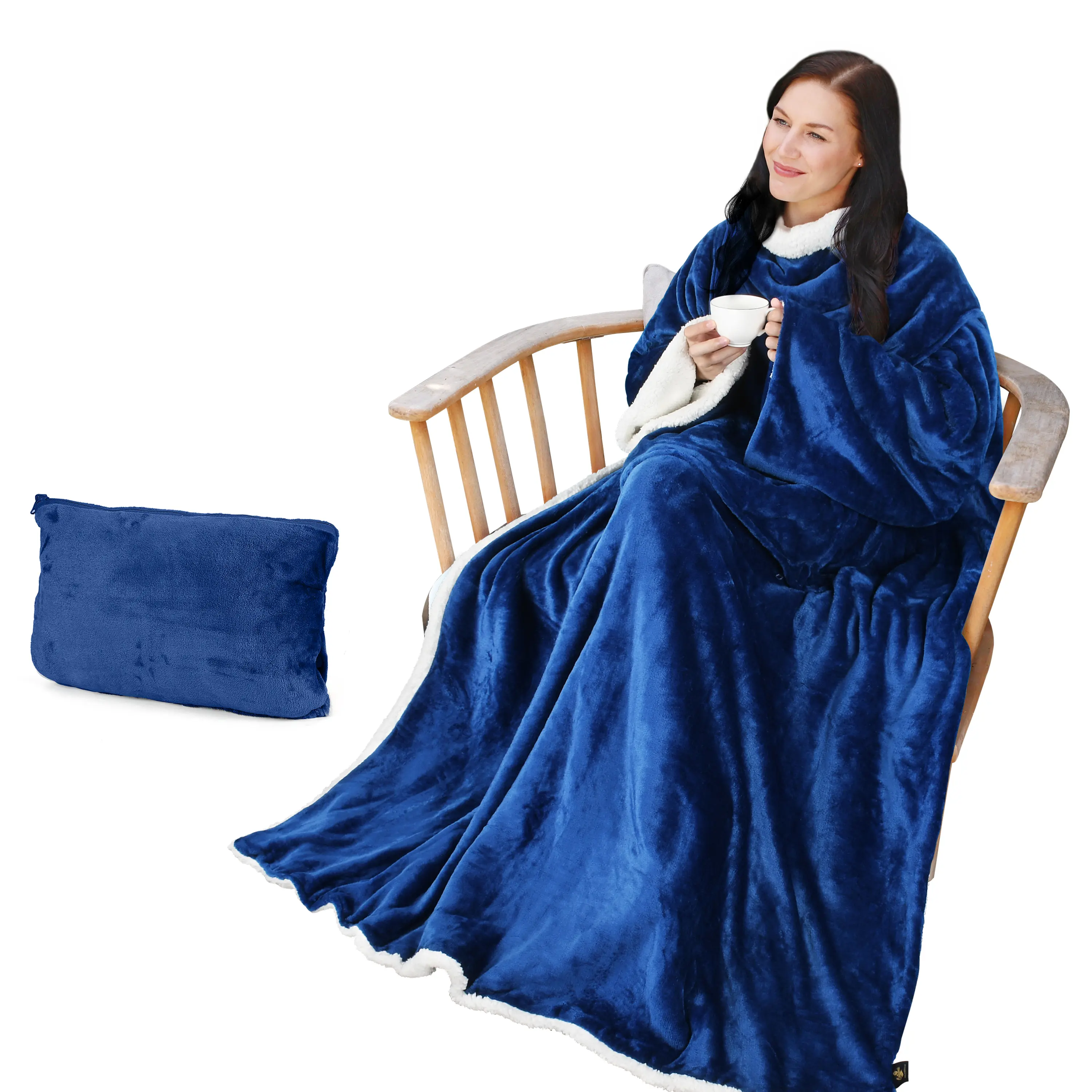 Catalonia Sherpa Blanket with Sleeves Arms,  Super Soft Plush Sherpa Fleece Sleeved Blankets for Adult Large Throws Wrap Robe in Blue