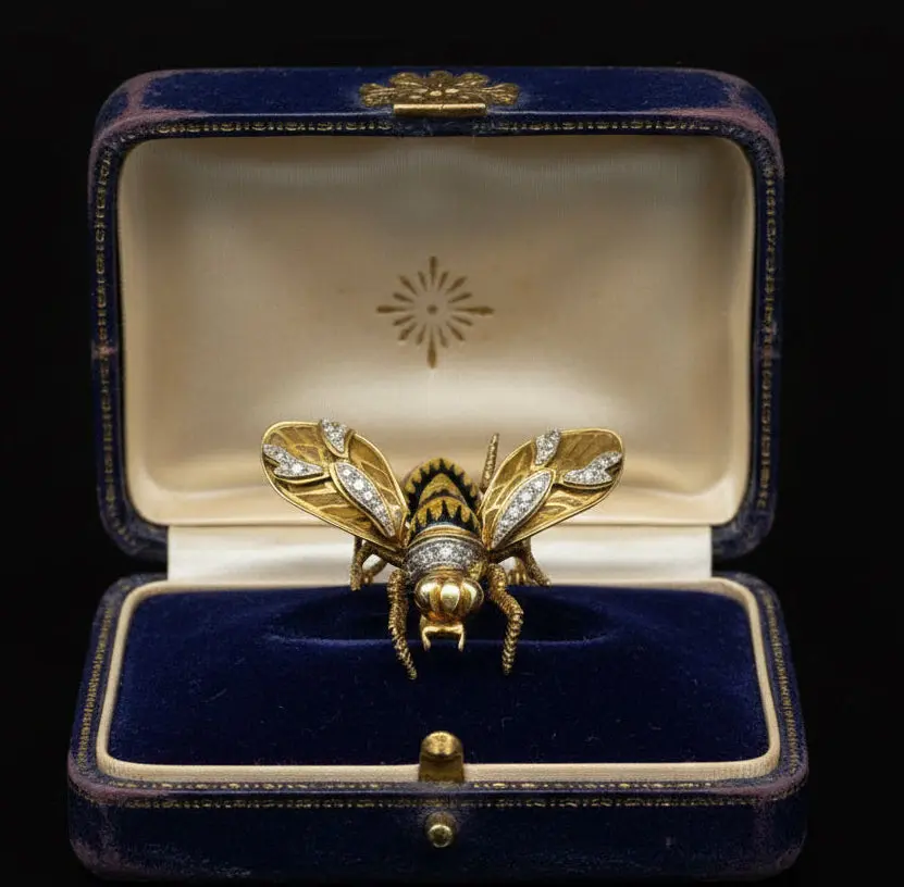 Vintage Black & Yellow Plique-A-Jour Enamel and Old European Cut Diamond 18K Yellow Gold Bee Brooch