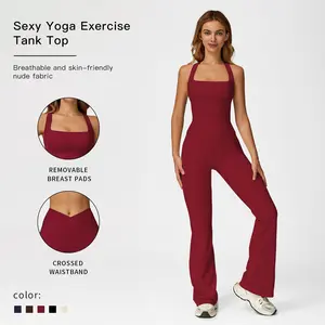 Women's Solid Crisscross Backless Camisole Top & Flared Leg Pants Tracksuit Set, Ruched Sleeveless Spaghetti Strap Relaxed Fit Top & Trousers, Ladies Sportswear for Gym Workouts, Yoga Clothing, Workout Casual Wear, Sweatshirt Sets, Summer Sportswear