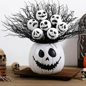 Halloween Table Centerpieces Decor Resin Pumpkin Vase with 7 Artificial Ghost Skull Face Balls Branch Flower Soil, Retro DIY Spooky Pumpkin Vase for Home Kitchen Indoor Decoration