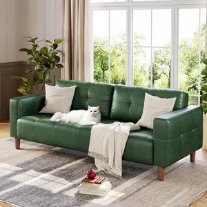Garvee 3-Seater Sofa Couch, 83 in Wide Faux Leather Sofa Couch with Spring Cushion, Modern Sofa with Deep Seats and 2 Removable Back Cushions, for Living Room, Bedroom, Apartment, Office, Green