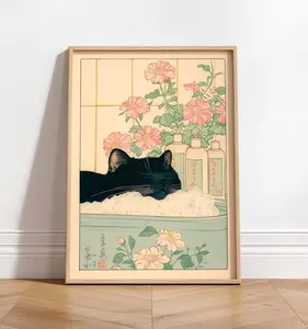 Black Cat in Bathtub Wall Art Japanese Minimalist Poster Cute Bathroom Decor Home Art Print