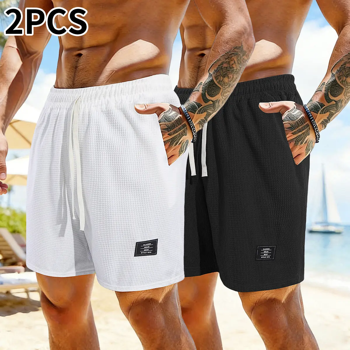 2-piece set, men's corduroy shorts, solid color, casual shorts, side pockets, drawstring elastic waistband, suitable for daily wear and vacation, beige, men's shorts