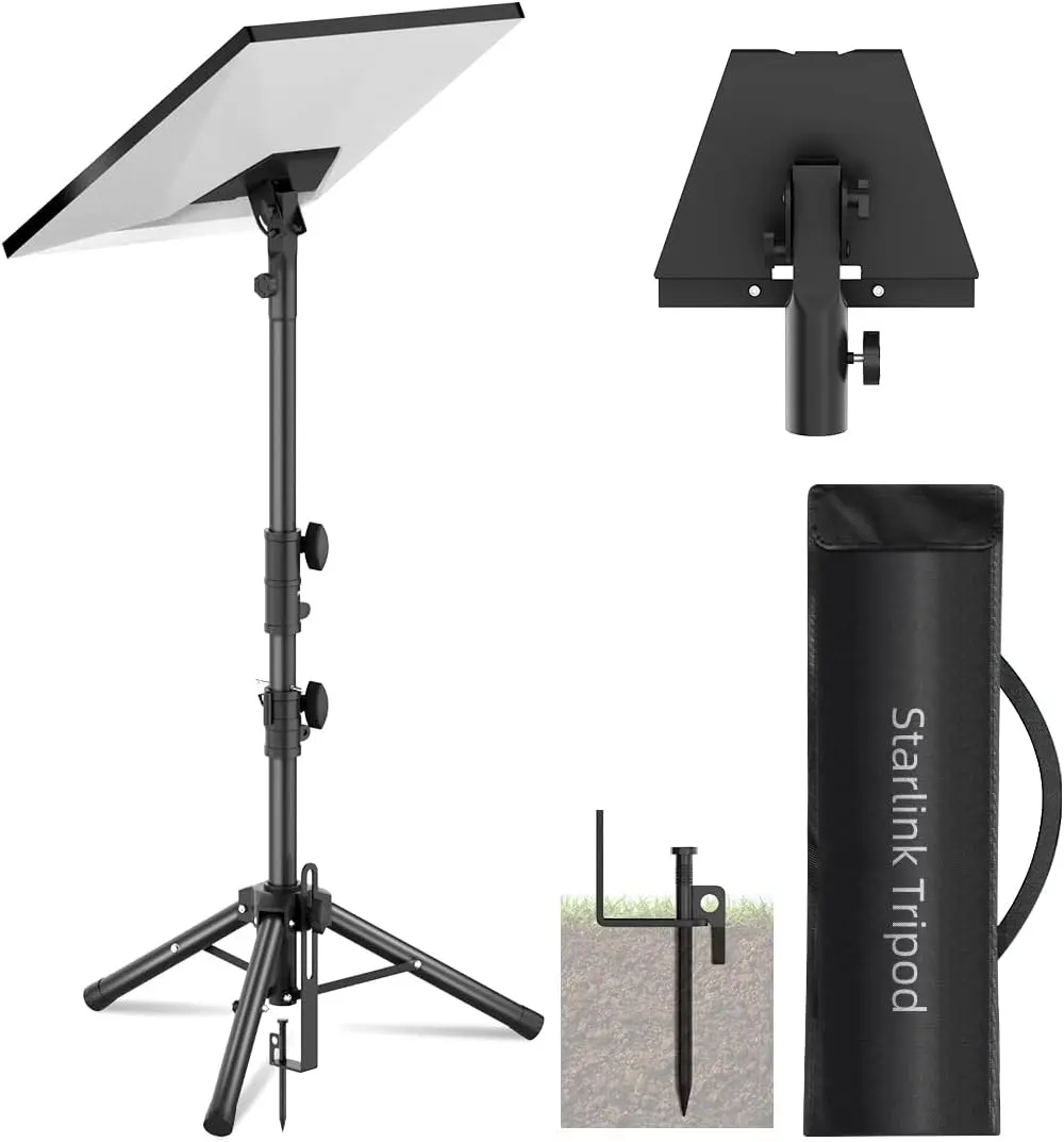 Futrue-wolker Starlink Gen 3 Mount Accessories - Adjustable Height Tripod Stand, 90° Tilt Angle Antenna Pipe Adapter, Mount Adapter (Black), Camping, 60 Lb Weight Capacity, Portable, Courtyard, Ground Spike