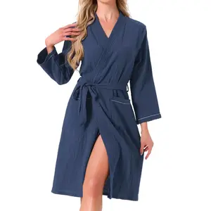 INSPIRE CHIC Women's 100% Cotton Soft Robe Long Sleeve V-Neck Loungewear with Pockets Bathrobe Large Navy