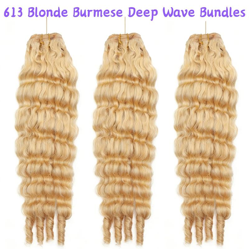 Burmese Curly Bundles Human Hair Water Wave 613 Honey Blonde 20 Inches 3C4A Quick Weave Extensions for Women 100% Unprocessed Virgin Hair Extra Thickness Easy Application