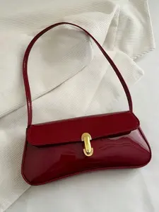 Women's Vintage Red Patent Leather Flap Underarm Shoulder Bag, Gold Buckle Closure, 25×12×3.5cm Capacity, Elegant Retro Purse For Dating, Parties, Banquets & Holiday Gifting