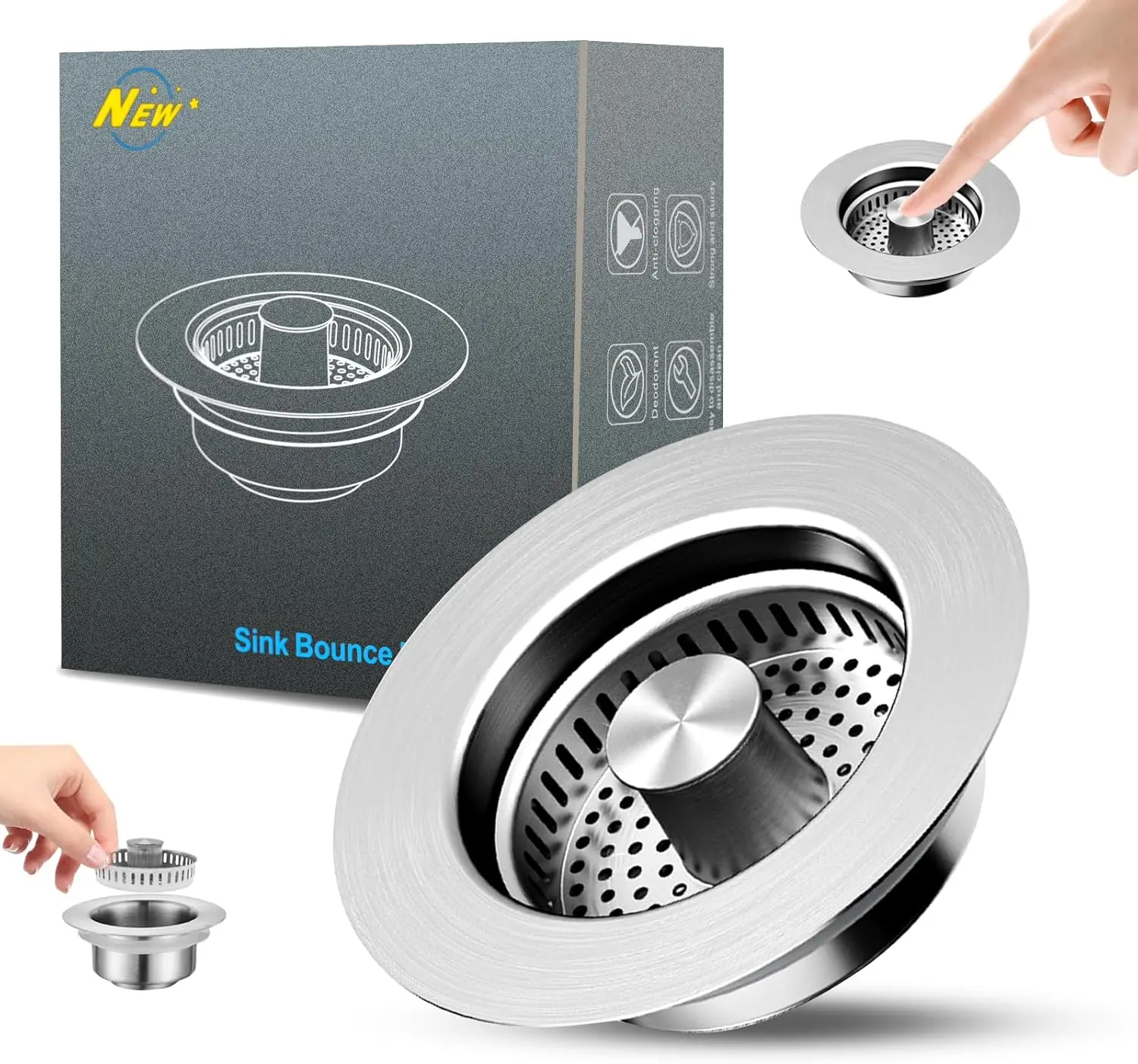 3 in 1 Kitchen Sink Drain Strainer and Stopper Combo,304 Stainless Steel Pop-up Kitchen Sink Stopper,Anti-Clog Kitchen Sink Bounce Core Strainer Basket Filter for US Standard 3-1/2'' in Drain