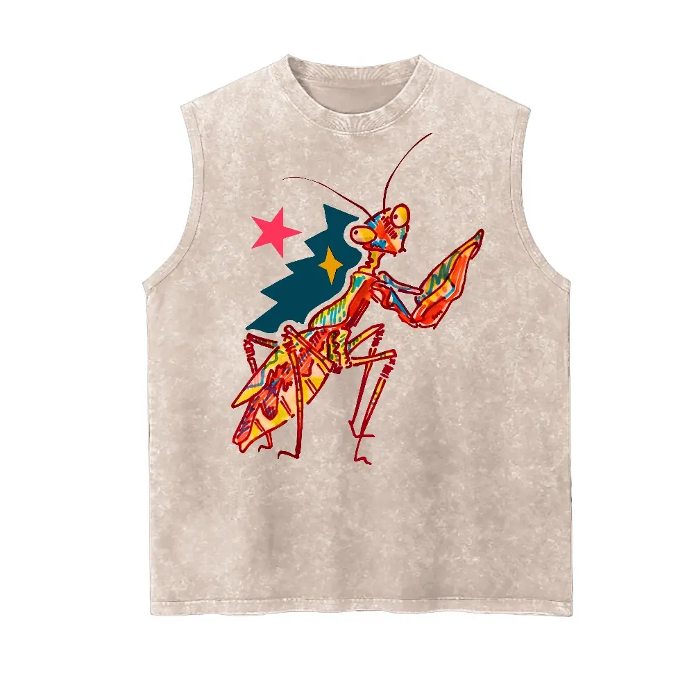 Vintage Men's Tank Top with Retro Mantis Graphic, Heavyweight Distressed Cotton, Soft Garment-Dyed Menswear with Substantial Drape, Classic, Print, Dtg Soft Print