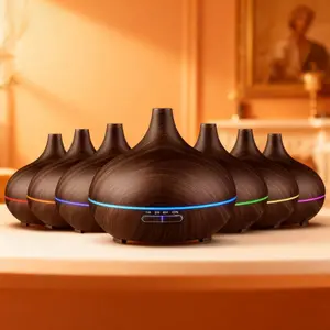 Complete Aromatherapy Experience: 550ml Wood Grain Diffuser with Remote, 7-Color Lights, Humidifier & 6 Essential Oils Included