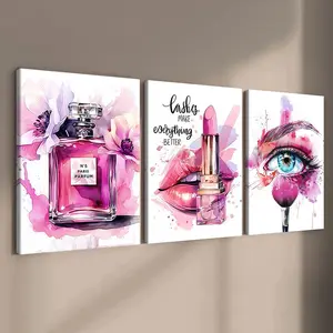 3 count wooden frame canvas, Pink beauty fashion Art poster, Watercolor Floral Design, Fine women's room poster, Stylish bedroom Decoration, Modern Art home Decoration, Living Room and Corridor wall Decoration, HD, waterproof, Art, Artwork
