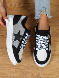 white and black star pattern lace up low top sneakers,  everyday sneaker, trending sneakers, shoes for women, casual comfortable breathable sports running shoes, streetwear shoes, fashionable sneakers for women & men, girlfriend gifts