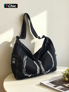 Trendy Fashion Large Capacity Denim Tote Bag, Single Shoulder Crossbody, Perfect for Daily Outings, Stylish and Practical