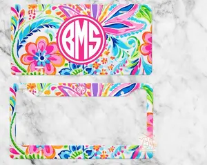 Preppy Floral Personalized License Plate, Rainbow Flowers Custom CarTag for Women, License Plate Frame, Car Coasters, Monogram License Plate