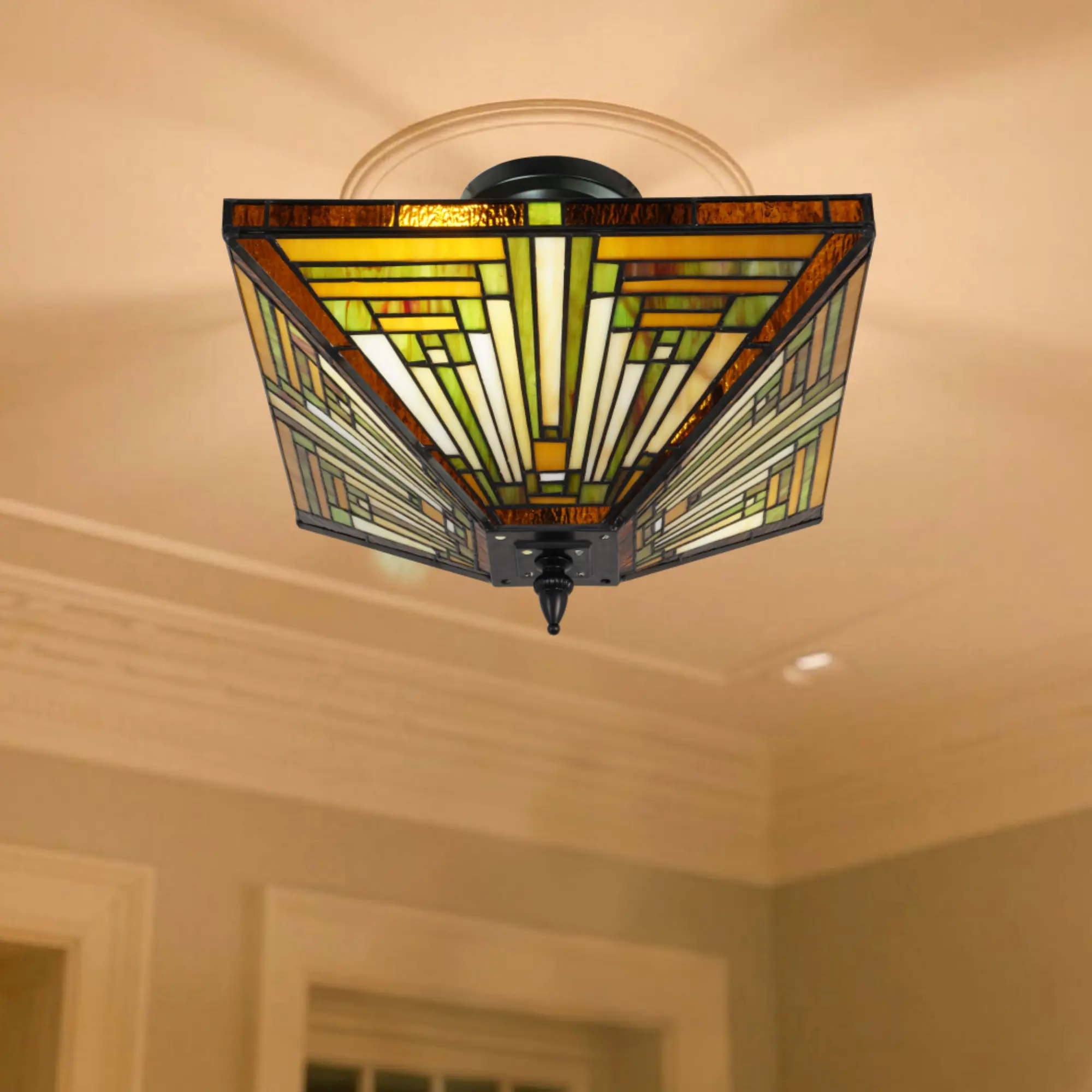 14-inch Colored Plastic Geometric 2-Light Square Half Ceiling Light - 13.8" Width, 14-inch Width, E26 Base, Wall Controls - For Living Room, Dining Room