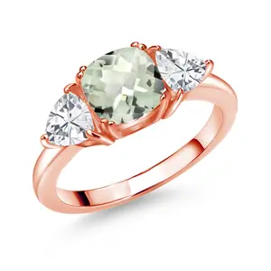 Gem Stone King 18K Rose Gold Plated Silver Gemstone Birthstone 3-Stone Engagement Ring for Women | 7MM Cushion and 5MM Trillion Accents | Three Stone Promise Anniversary Wedding Ring | Sizes 5-9