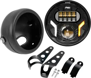 5-3/4 5.75" White DRL/Amber Turn Signal Motorcycle Headlight with Headlight Housing Bucket Mount Brackets Compatible with Shadow 750 Rebel 500 Vulcan Cafe Racer Choppers Cruiser