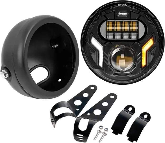 5.75" (5-3/4") White Brightening DRL/Amber Turn Signal Motorcycle Headlight with High Brightness Chip, Lightweight Mode, Housing Bucket Mount Brackets, Compatible with Shadow 750, Rebel 500, Kawasaki Vulcan, Cafe Racer Choppers (Ideal for Foggy Weather),,