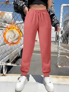 Women's Fleece Lined Joggers Pants, Fall Winter Casual Sporty Style Thick Warm Long Trousers, One Piece Zipper Design, Streetwear Athletic Joggers
