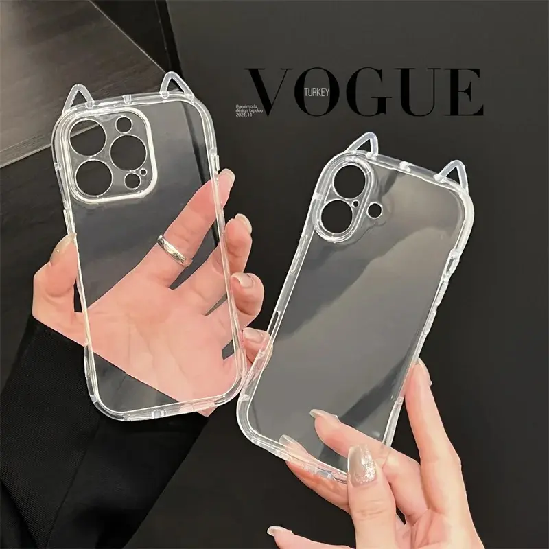 Fashion Clear 3D Cute Cat Ears Phone Case For iPhone 16 15 14 13 12 11 16 Pro Max 7 8 Plus X XR XS MAX Shockproof Soft TPU Cover Protective, Accessories, Smartphone Thickened Silicone Casing Cellphone Protection Screen Protector