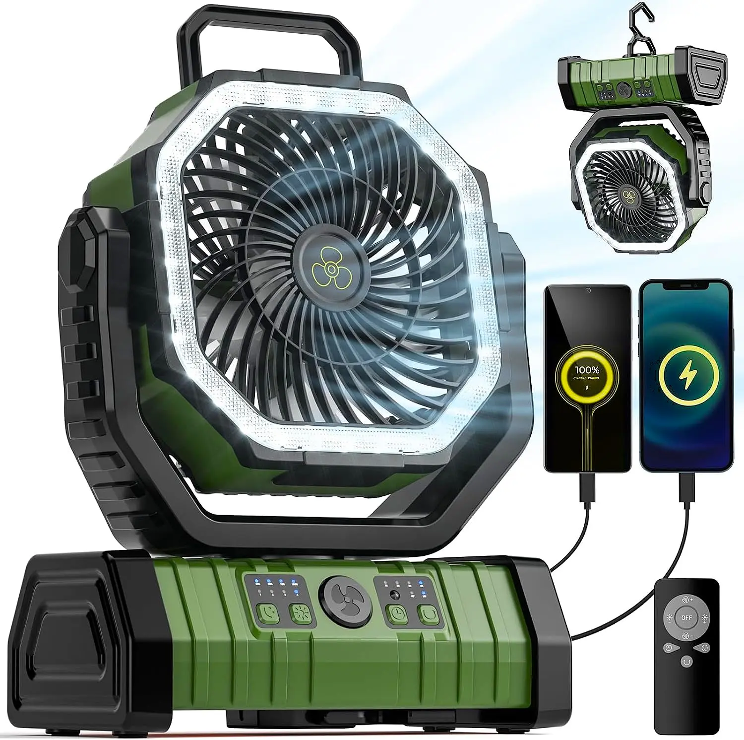 30000mAh Rechargeable Portable Fan with LED Light, 2-in-1 Auto-Oscillating Fan & Power Bank, High Velocity Battery Powered Fan for Soccer Mom, Jobsite, Golf Cart, Mowing, Picnic, Hurricane Power Outage Emergency Gear, Father's Day Gifts