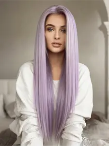 Light Lavender Purple Lace Front Wig 13x4, 28" Straight Synthetic Hair, HD Transparent Lace, Free Part, Heat-Friendly