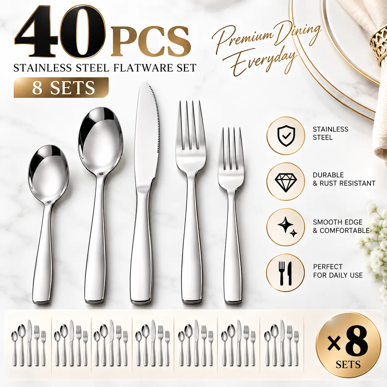 40-Piece Stainless Steel Mirror-Polished Cutlery - , Dishwasher-Safe, Sturdy Silverware Knives Forks Spoons - Kitchen Accessories, Essentials, Gadgets - Dinner Sets Tableware Service