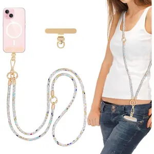 Crystal mobile phone strap, cross-body, glitter, anti-theft, layered strap, cross-body, golden metal buckle, mobile phone neck strap, women's style, suitable as a birthday gift or holiday gift, Crossbody Phone Lanyard