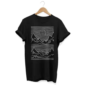 Men's abstract mountain landscape Graphic T-Shirt - Short Sleeve Crew Neck Regular Fit Casual Wear | Soft & Breathable Fabric, Durable Print, Everyday Comfort, Machine Washable, minimalist line art with geometric patterns mountainous terrain with sun and