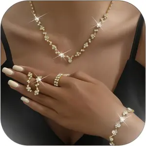 Wedding  Sets for Brides Rhinestone Necklace and Earring Set Bracelet Ring   Prom  Sets  Flower Teardrop Necklace for Women
