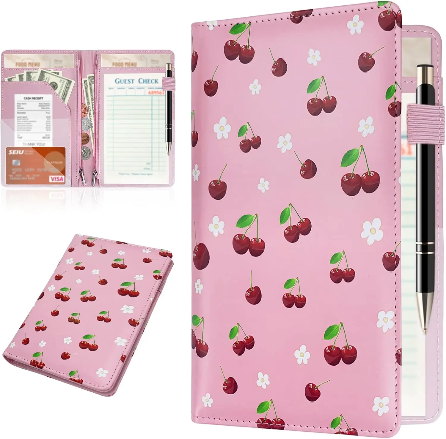 Server Books for Waitress, Waitress/Waiter Book Organizer with Zipper Pouch, Guest Check Book Holder  Pocket Restaurant Waitstaff Organizer Leopard  ( Cherry)