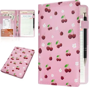 Server Books for Waitress, Waitress/Waiter Book Organizer with Zipper Pouch, Guest Check Book Holder  Pocket Restaurant Waitstaff Organizer Leopard  ( Cherry)