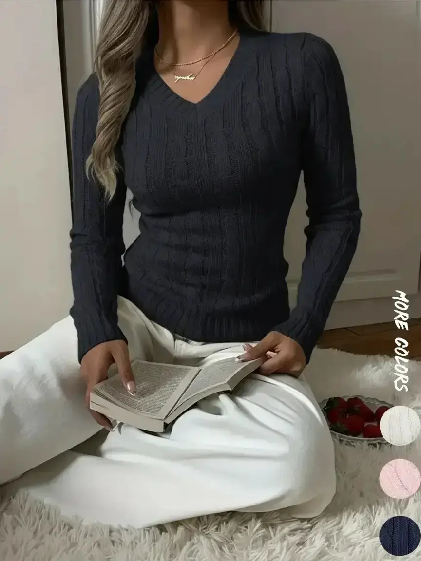 Women's V Neck Cable Knit Long Sleeve Pullover Sweater Slim Fit Plain Color Winter 2026 Breathable Lightweight Classic Casual Everyday Layering Top