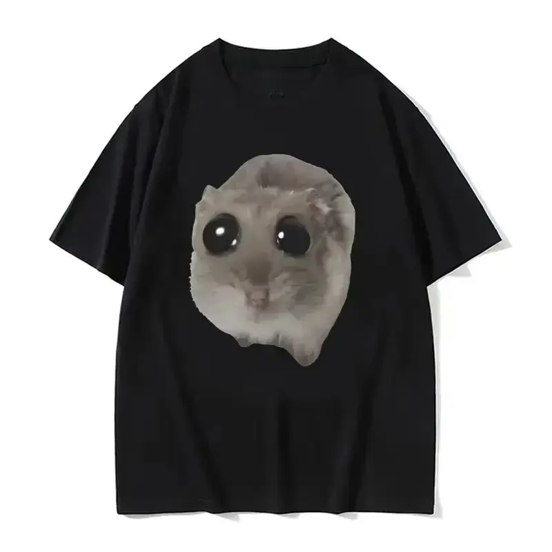 Menswear Round Neck T-Shirt - Funny Sad Hamster Meme Print, Cotton Fabric, Summer Casual Short Sleeve, Casual Fit, Street Style Drip, Unisex Fashion Streetwear, Top, Hamster Face