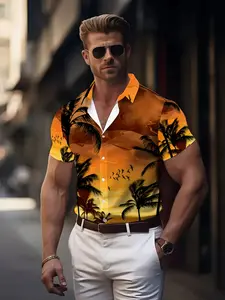 New Men's Orange Yellow Base Sunset Palm Tree Print Tropical Short Sleeve Shirt, Cuban Collar Hawaiian Vacation Shirt