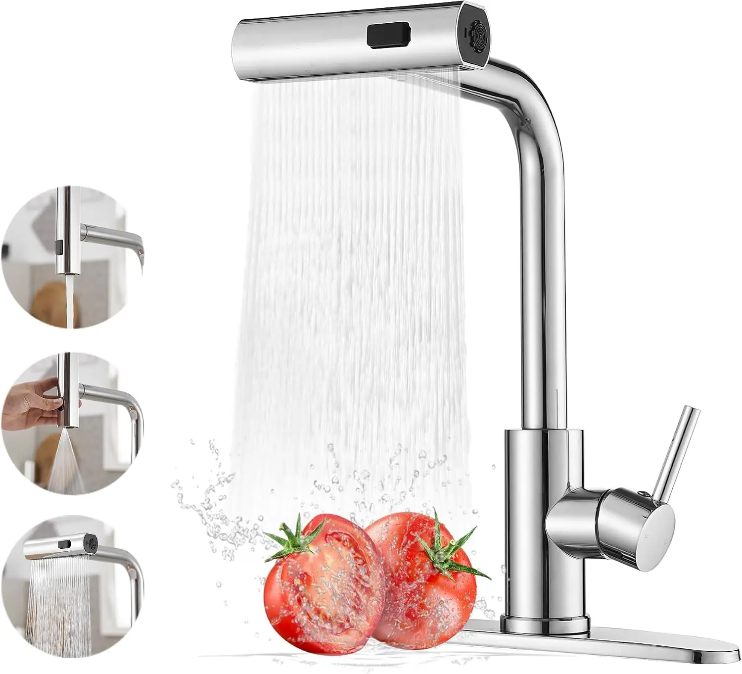 Kitchen Faucet with Pull Down Sprayer,Waterfall Kitchen Sink Faucet,Commercial Utility Stainless Steel Kitchen Faucets,Single Handle Kitchen Sink Faucet with Pull Down Sprayer for 3 Function