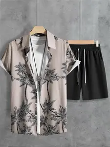 Men's Tropical Palm Tree Print Short Sleeve Shirt & Solid Drawstring Waist Shorts Two-Piece Set, Casual Fashion Set, Regular Fit Casual Comfy Button Front Collared Top & Pocket Shorts, Men's Summer Menswear Clothes for Beach Vacation