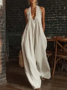 Women's Boho Vacation Sleeveless Jumpsuit, Summer, Multi-Color Options, No Lining, Plain Pattern, Loose-Fitting, Unisex Style