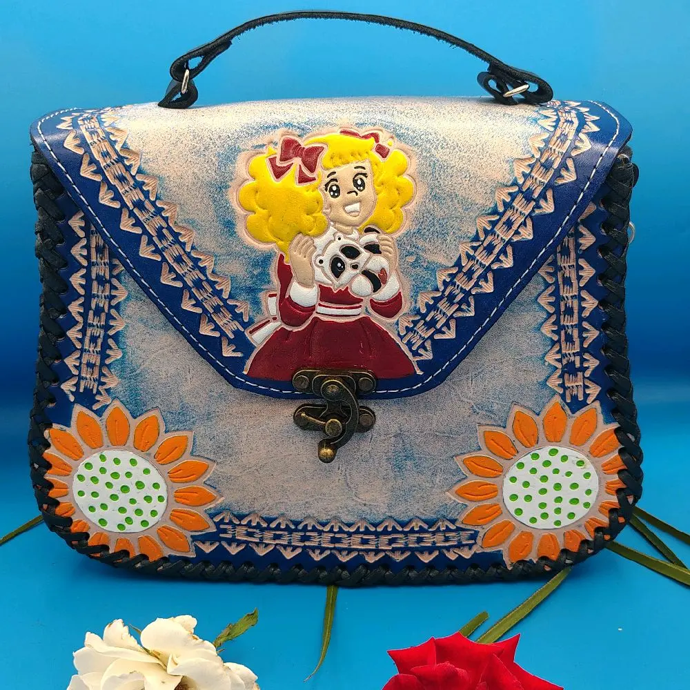 Hand-Painted Natural Leather Bag, Mexican Art Design