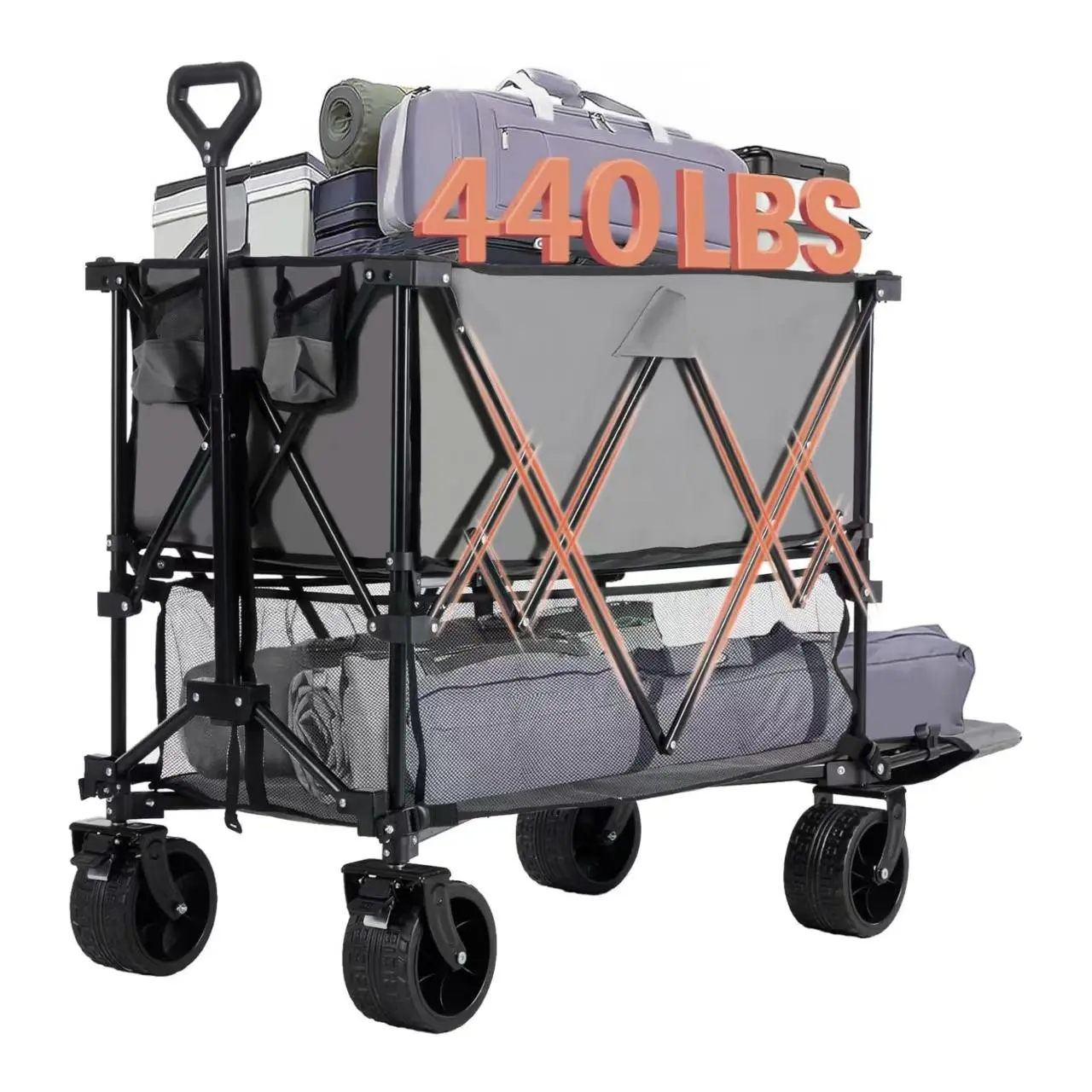 Double Decker Folding Wagon with 54 Inch Extender, 440 lbs Heavy Duty Utility Cart with Brakes, 400L Large Capacity Collapsible Garden Wagon, All-Terrain 7 Inch Wheels for Beach Camping