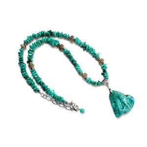 Natural Spiderweb Turquoise  Nugget Necklace, Faceted Labradorite Rondelle Spacers, Triangular Free Form Turquoise Pendant 19" Necklace