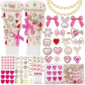 97Pcs Junk Socks Charms Kit, Brooches and Pins for Women, ShoeCharms with Bows,Shoe Charms for Sneakers,Sneakers DIY Kit with Pearls Rhinestones Chains,Cute DIY Accessories for Decorating and Personalizing Socks,Hat Clothes