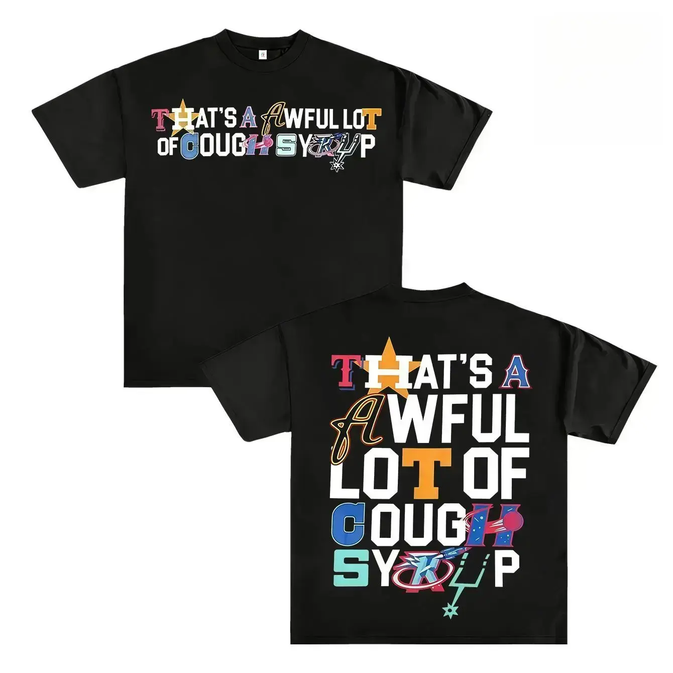 Bold Letter Mosaic Graphic Tee – Oversized Black T-Shirt with 'That’s a Awful Lot of Cough Syrup’ Patchwork Typography and Playful Icon Motifs, Unisex Streetwear Statement Tee for Fashion naruto anime oversize streetwear tee classic menswear dad joke appa